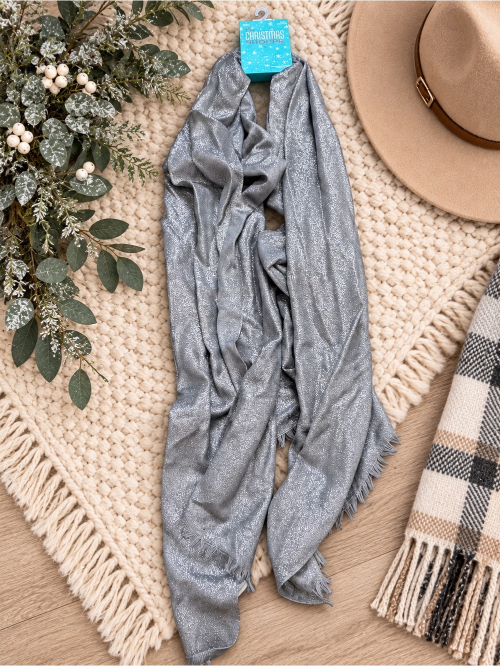 The Christmas Shoppe Metallic Silver Shimmer Scarf Fringe Holiday Wrap